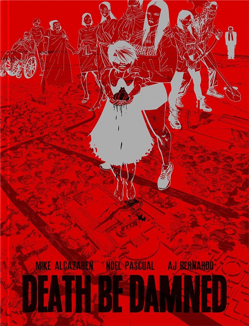 Stylized red and white artwork featuring a group of figures, including a woman in a dress with bound hands, standing on a path surrounded by skeletal remains.
