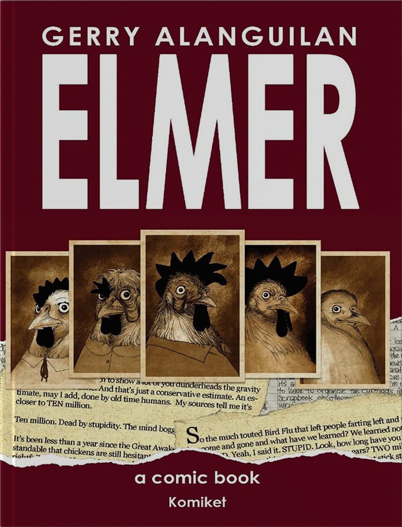 Cover of the comic book "Elmer" by Gerry Alanguilan. Features five chickens with different expressions and newspaper clippings as background.