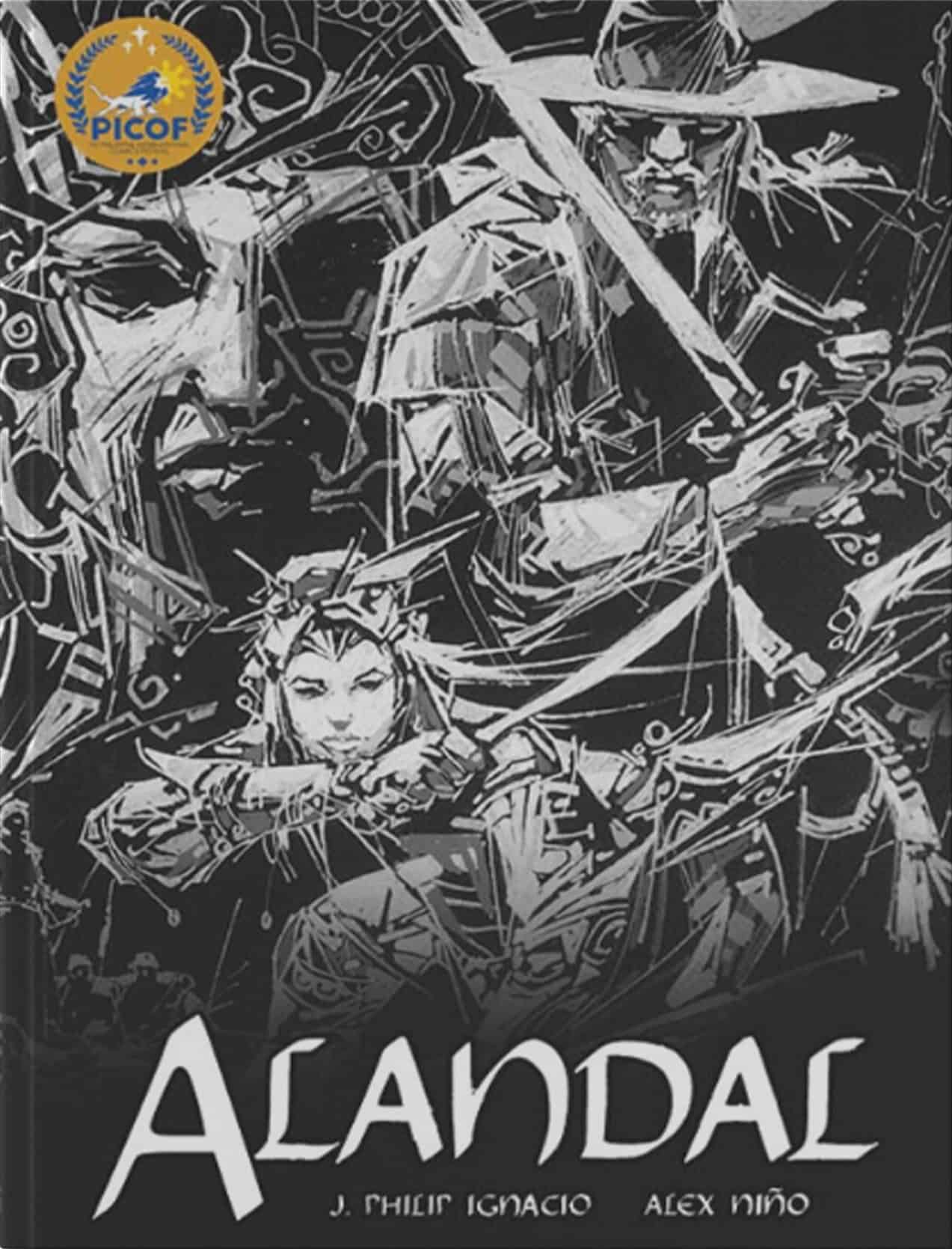 Book cover for "Alandal" by J. Philip Ignacio and Alex Niño, featuring detailed illustrations of characters in a dynamic, abstract style.
