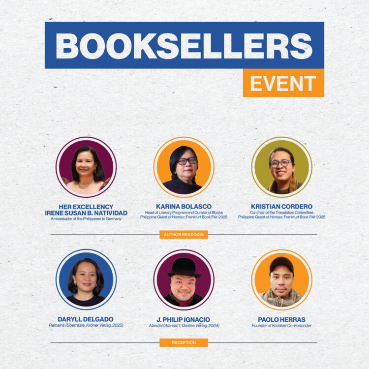 Booksellers event poster featuring six speakers: Irene Susan B. Natividad, Karina Bolasco, Kristian Cordero, Daryll Delgado, J. Philip Ignacio, and Paolo Herras.