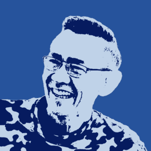 A stylized blue-toned portrait of a person with short hair and glasses, smiling, wearing a camouflage-patterned shirt.