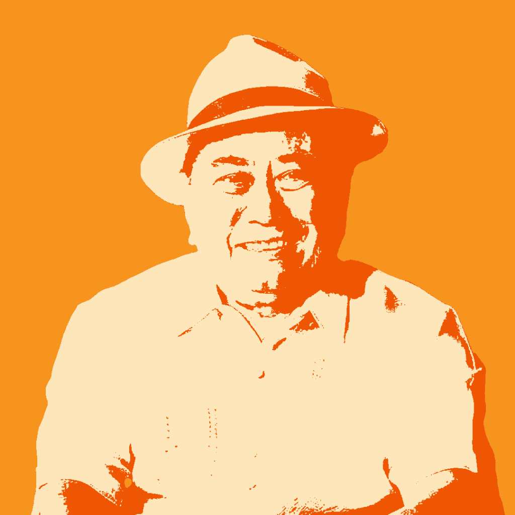 A stylized, orange-toned illustration of an older man smiling, wearing a light-colored hat and collared shirt, set against a solid orange background.