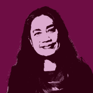 Stylized portrait of a woman with long hair, smiling, on a monochrome maroon and pink background.