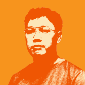 Portrait of a person with short hair and glasses, wearing a t-shirt, depicted in an orange and white duotone style against an orange background.