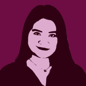 A stylized portrait of a woman with long dark hair, wearing a necklace, shown in shades of purple and pink against a solid magenta background.