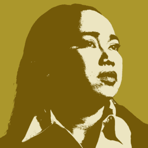 Stylized portrait of a person with long hair, facing slightly to the right, rendered in high-contrast gold and cream tones.