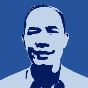 A stylized, blue-toned graphic of a man's face shown from the shoulders up, with minimal facial details and a neutral expression.