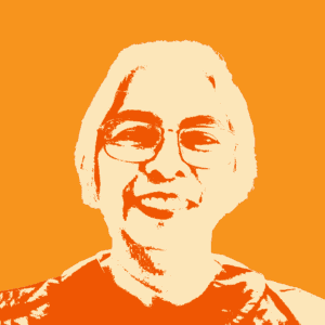 A stylized, high-contrast portrait of a person with glasses and short hair, set against a solid orange background.