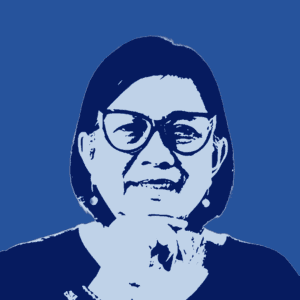 A stylized, blue-toned portrait of a person with short hair, glasses, and earrings, shown from the shoulders up, with one hand visible under their chin.