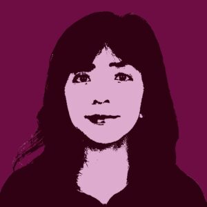 A stylized, high-contrast portrait of a young person with medium-length hair, set against a solid maroon background.