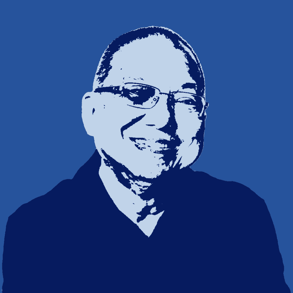 A stylized blue monochrome illustration of a smiling person wearing glasses and a collared shirt, set against a solid background.