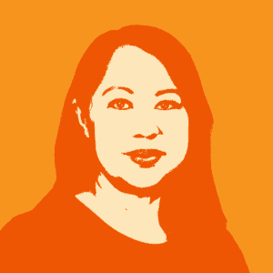 Stylized orange and cream portrait illustration of a woman with long hair and a neutral expression, set against a solid orange background.
