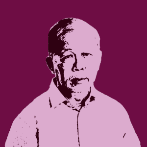 A stylized, high-contrast illustration of an older man with short hair, wearing a collared shirt, on a solid maroon background.