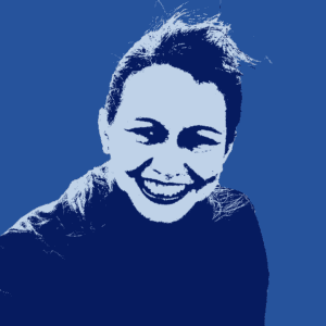 High-contrast, blue-toned image of a person smiling broadly, facing forward with wind-swept hair, against a plain background.