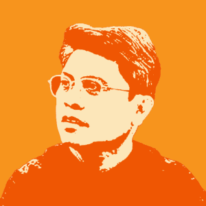 Stylized portrait of a person with short hair and glasses on an orange background.