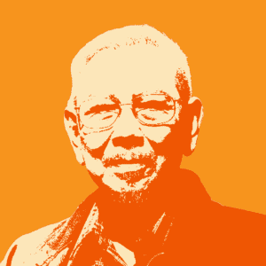 High-contrast, orange-tinted portrait of an older man wearing glasses and a collared jacket, shown against a solid orange background.