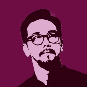 Stylized digital portrait of a man with glasses, short hair, and facial hair, set against a solid maroon background.
