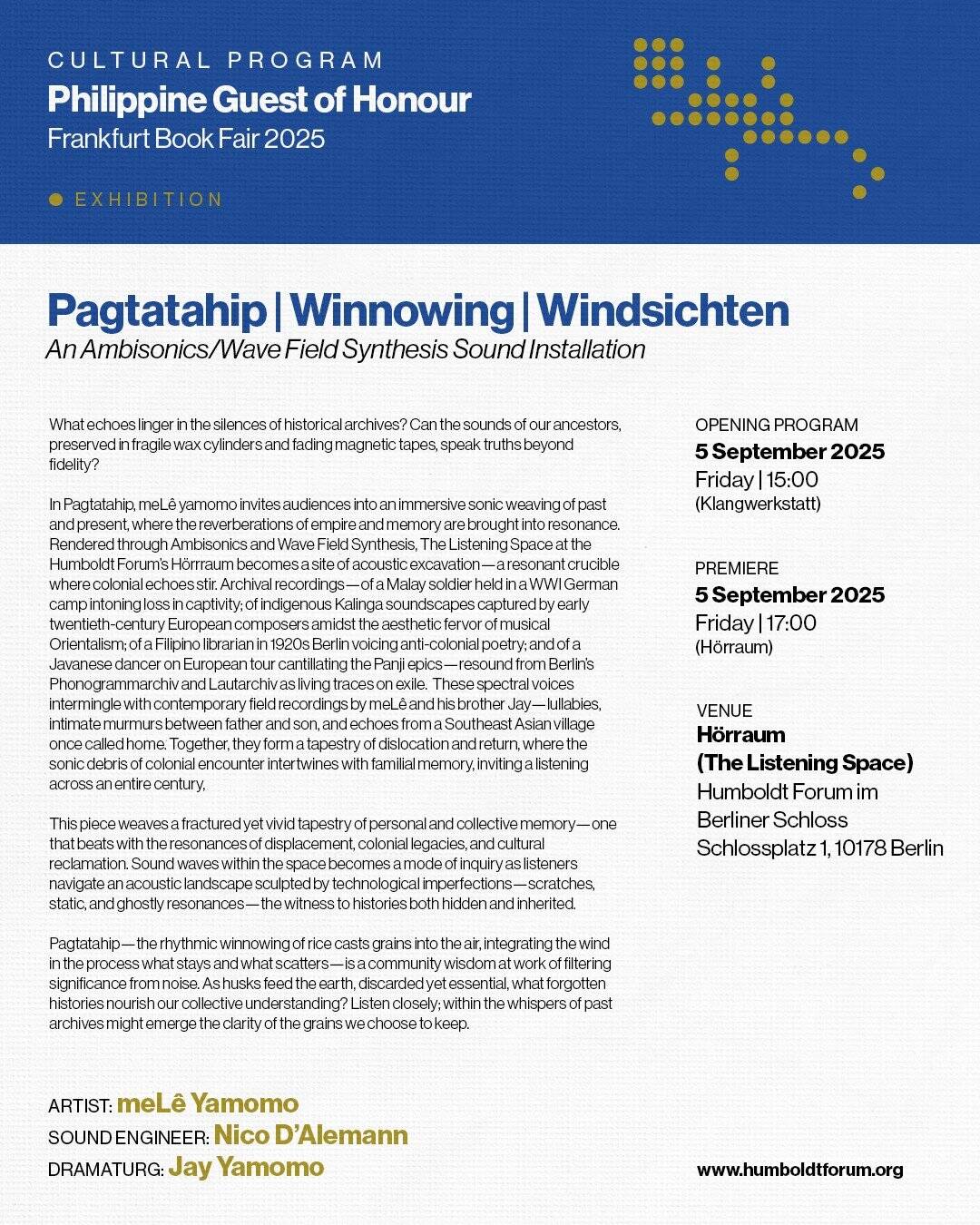 Exhibition flyer for "Pagtatahipe | Winnowing | Windsichten," a sound installation by meLê Yamomo, at the Frankfurt Book Fair 2025, with event details and credits.