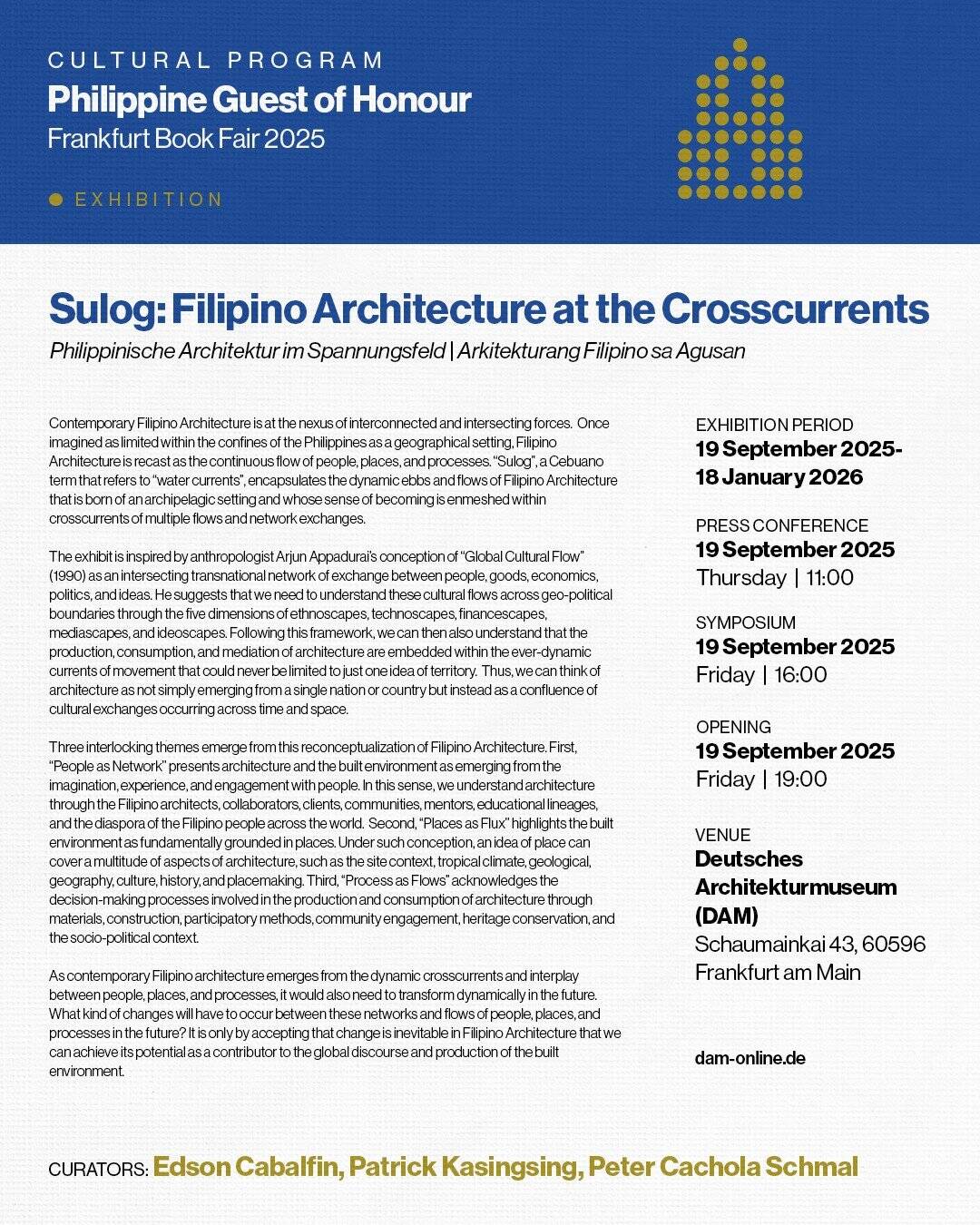 Exhibition poster for “Sulog: Filipino Architecture at the Crosscurrents” at the Frankfurt Book Fair 2025, detailing dates, location, and curators in a structured layout.