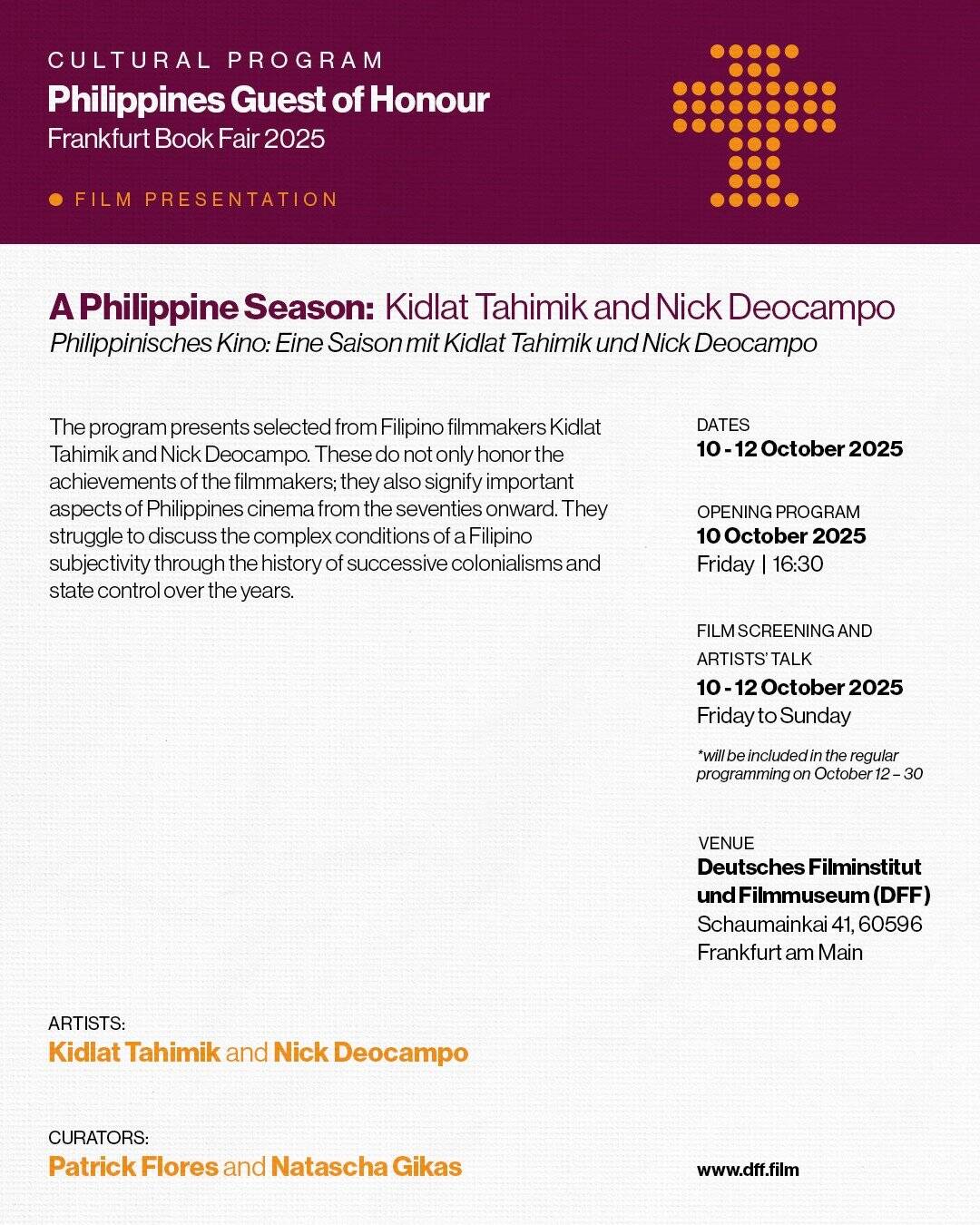 Event poster for "A Philippine Season: Kidlat Tahimik and Nick Deocampo" film screenings