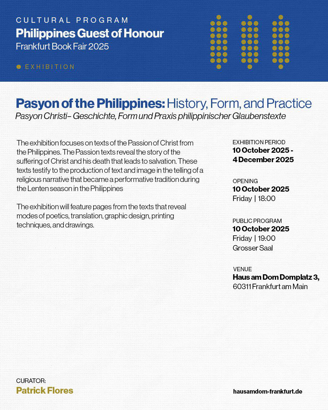 Exhibition flyer for "Pasyon of the Philippines" at the 2025 Frankfurt Book Fair