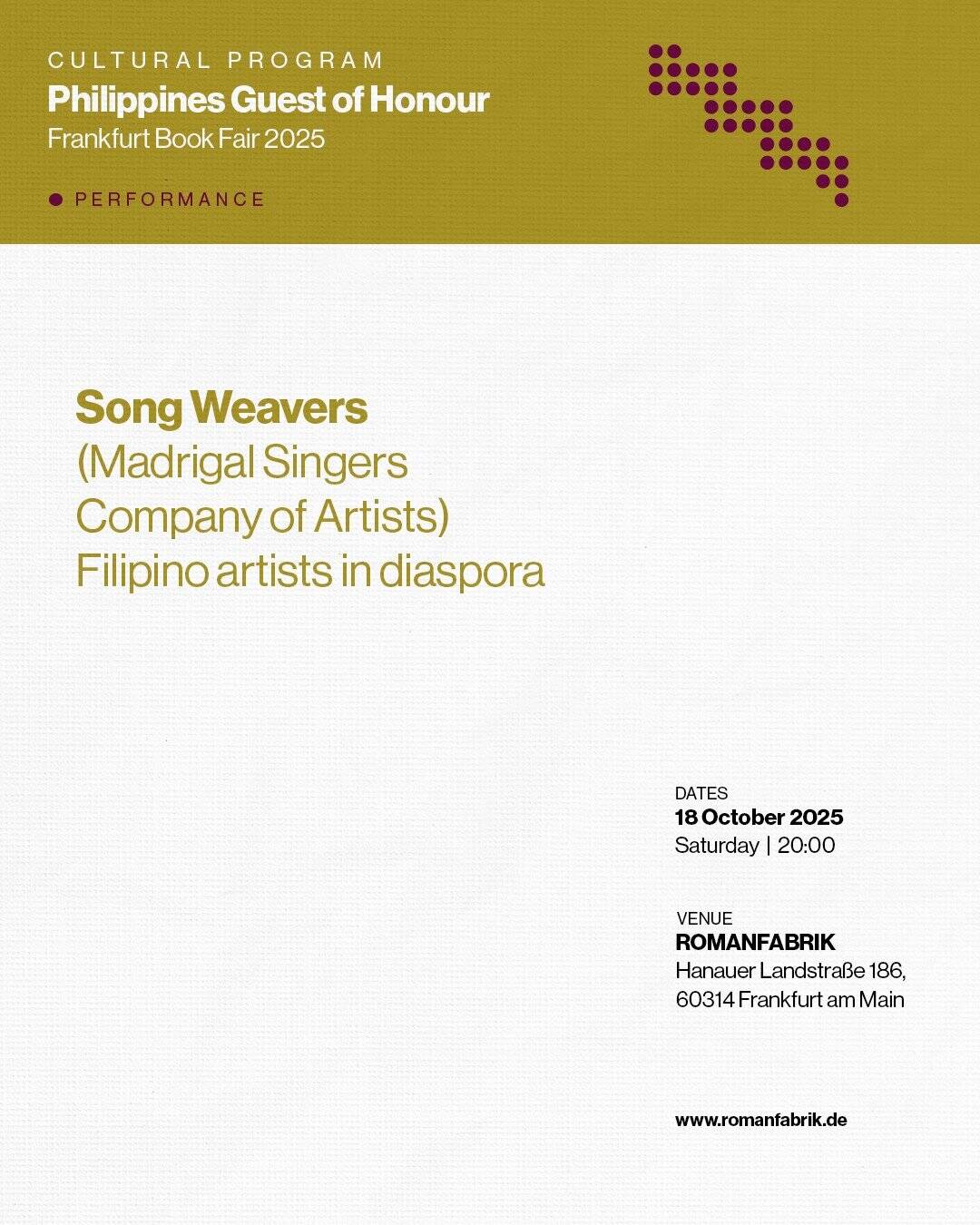 Poster for "Song Weavers: Filipino artists in diaspora" performance at Frankfurt Book Fair 2025, featuring Madrigal Singers