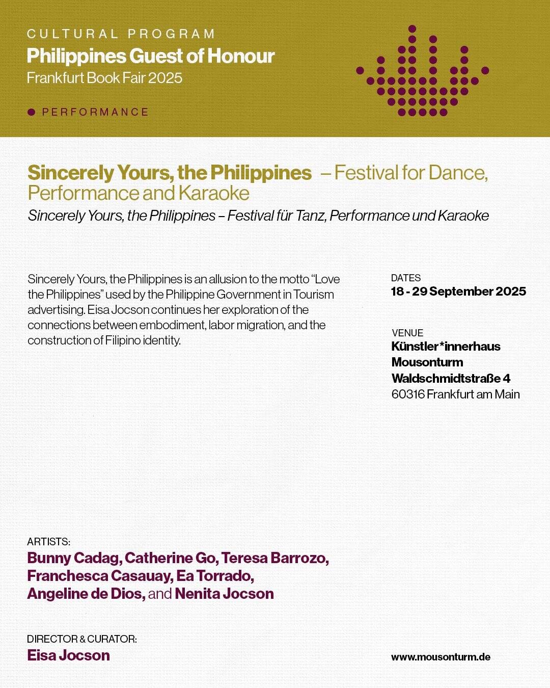 Event poster for "Sincerely Yours, the Philippines" at Frankfurt Book Fair 2025