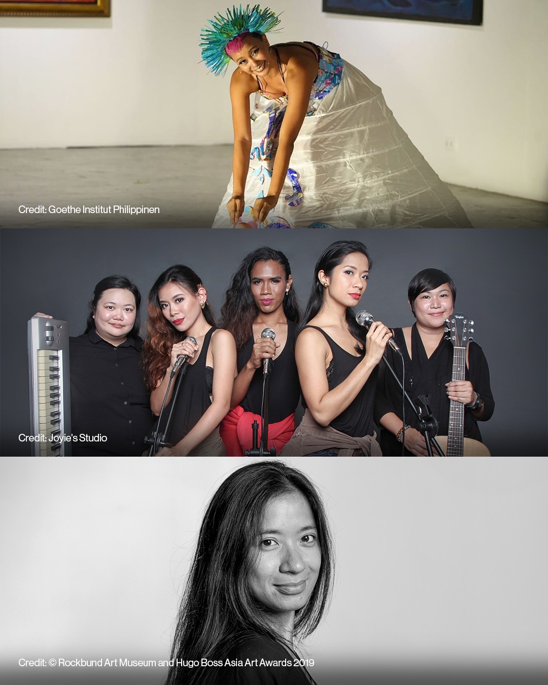 Three images: a performer in a feathered headdress and dress, a five-member music group posing with microphones and instruments, and a black-and-white portrait of a woman.