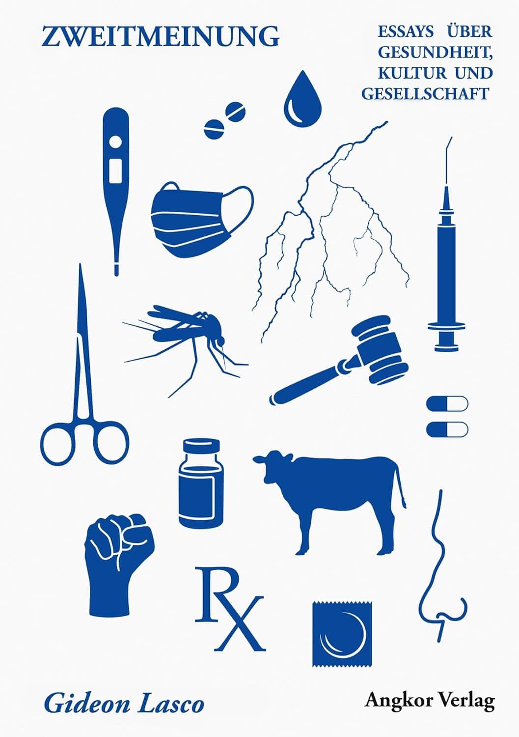 Book cover with blue medical and health-related icons, including a mask, syringe, mosquito, thermometer, pill bottle, and cow, with German and English text about health and society.