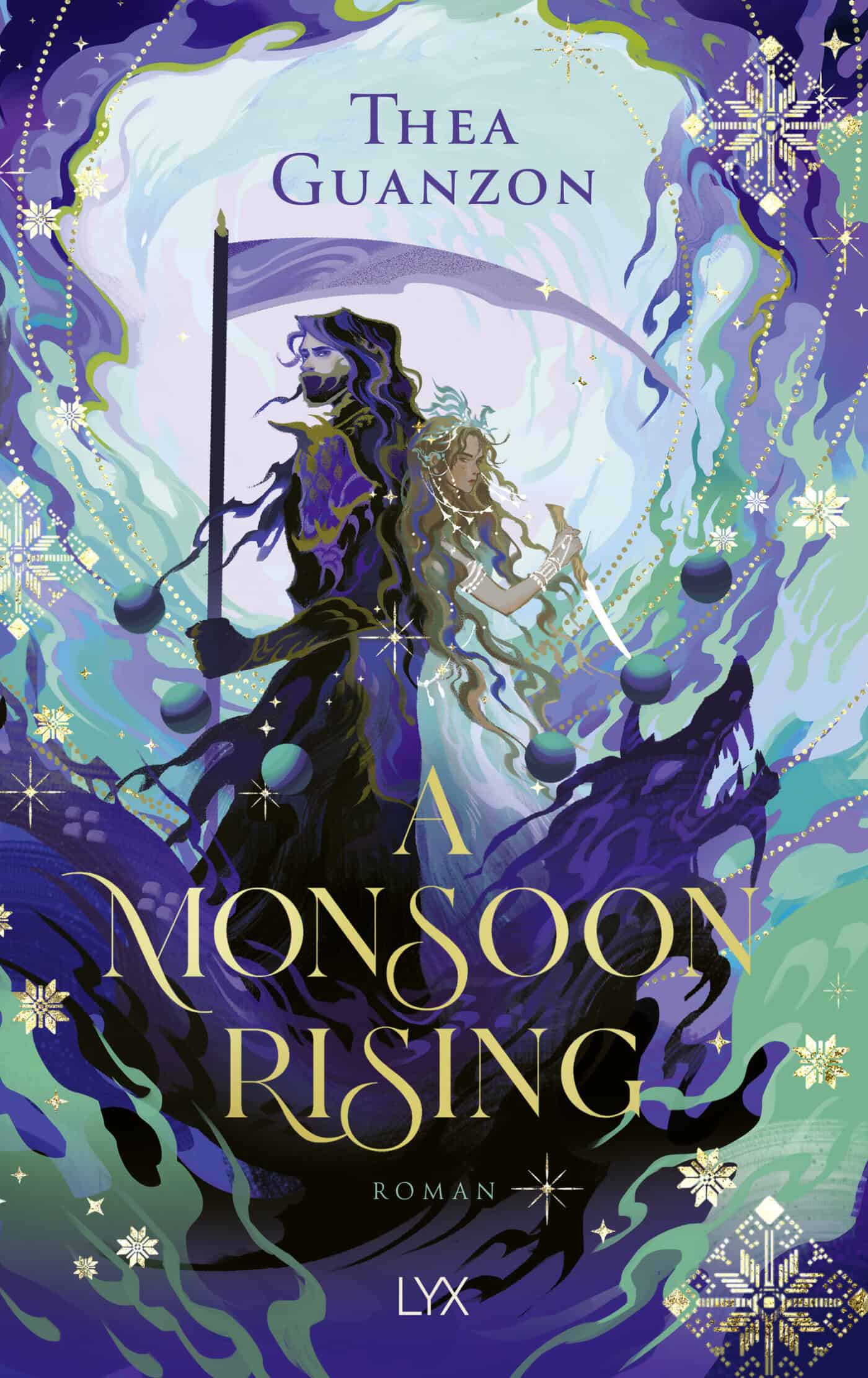 Illustrated book cover for "A Monsoon Rising" by Thea Guanzon, featuring two fantasy characters with flowing hair, magical elements, and swirling blue and purple tones.