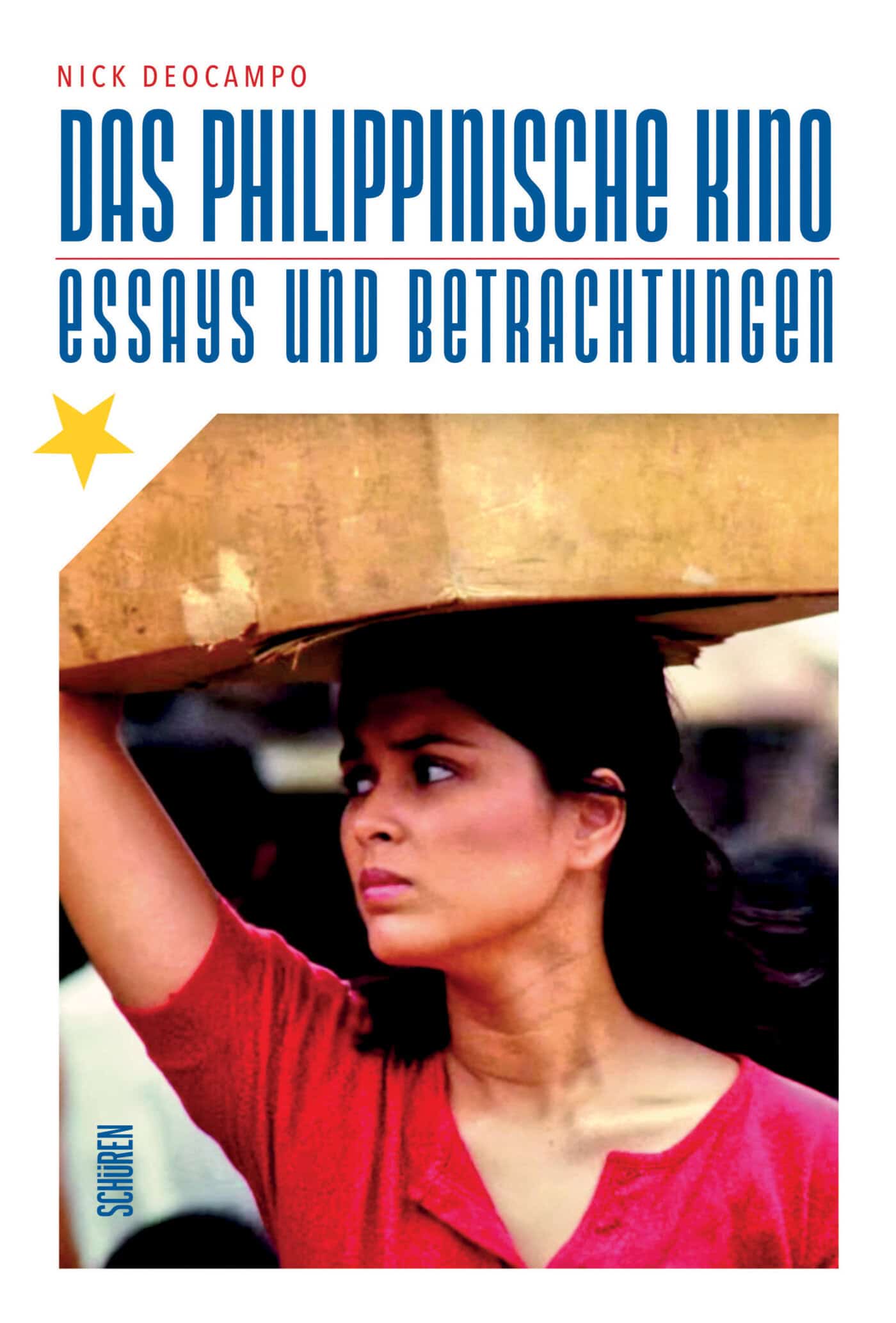 A woman carries a large box on her head. The book cover text reads: "Das Philippinische Kino: Essays und Betrachtungen" by Nick Deocampo.