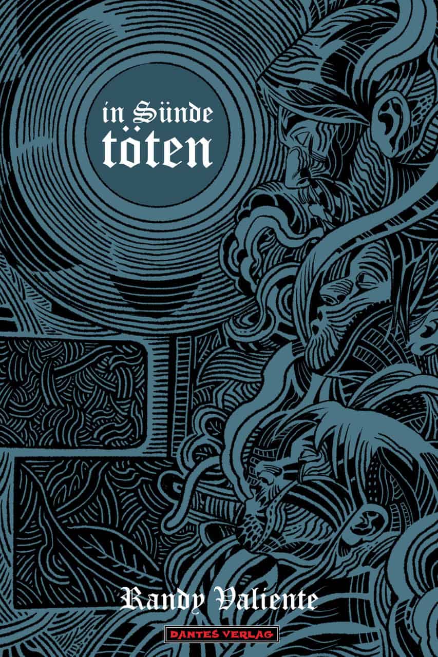 Illustrated book cover features stylized blue and black figures with the German title "in Sünde töten" and the author's name, Randy Valiente, along with the publisher's logo.