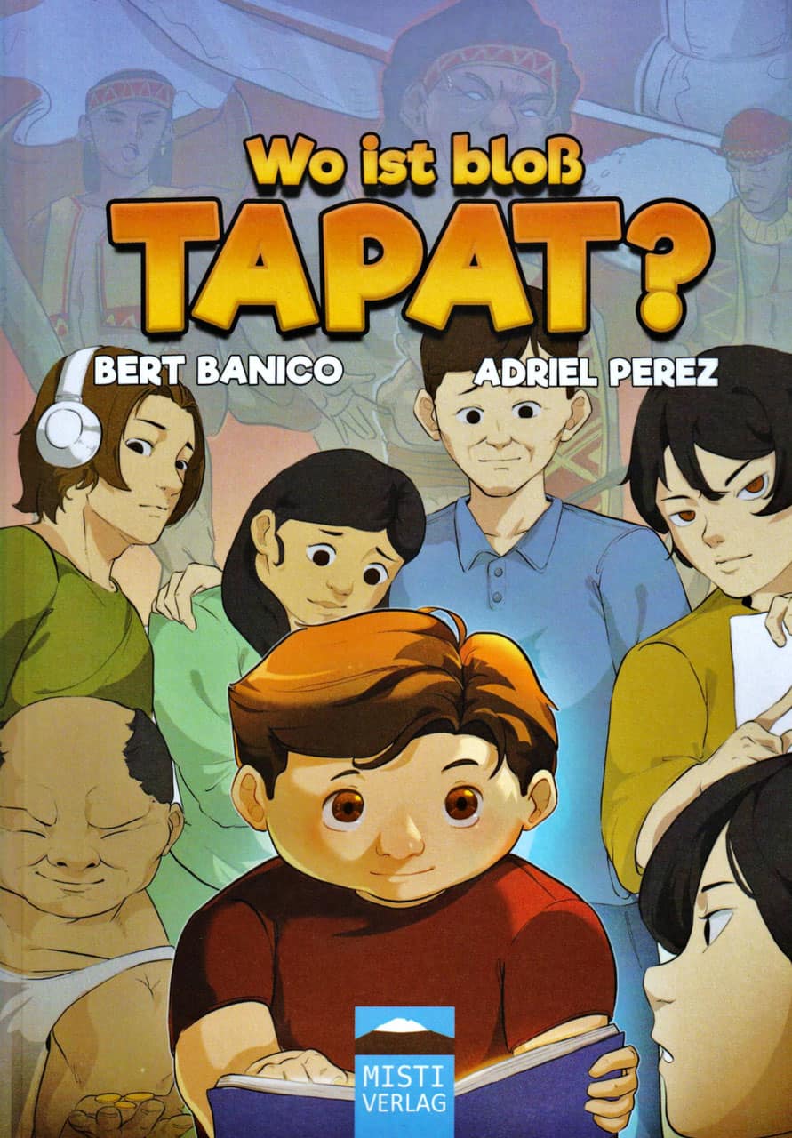 Book cover with the title "Wo ist bloß Tapat?" and illustrations of various characters, including a boy reading a book. Authors Bert Banico and Adriel Perez are credited.