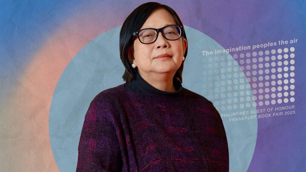 Author Karina Bolasco wearing glasses and a dark sweater stands in front of a colorful backdrop with text about the Philippines as Guest of Honour at the Frankfurt Book Fair 2025.