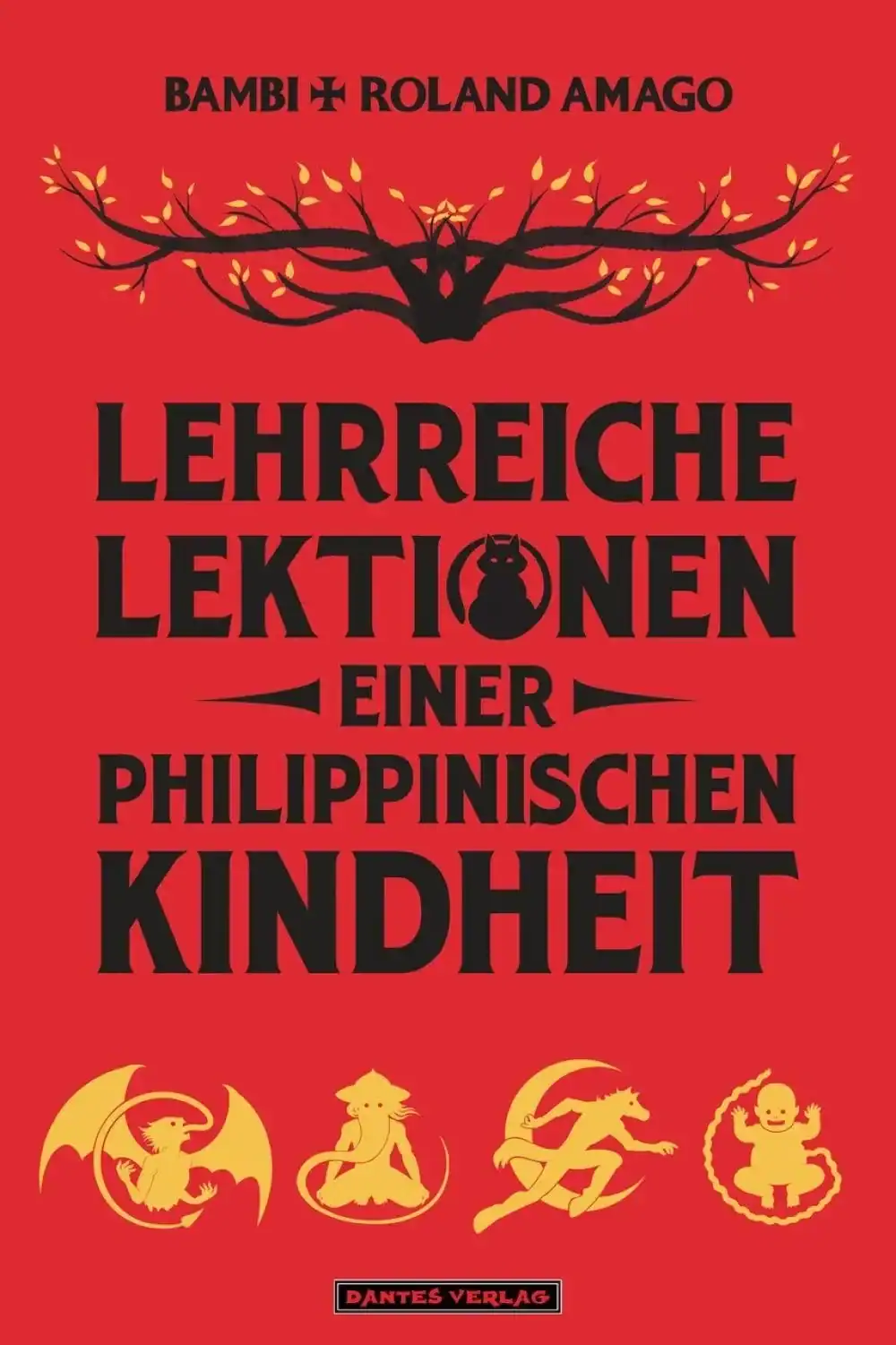 Red book cover with black text in German, stylized tree and branch above, and four black illustrations of mythical creatures and a child along the bottom.