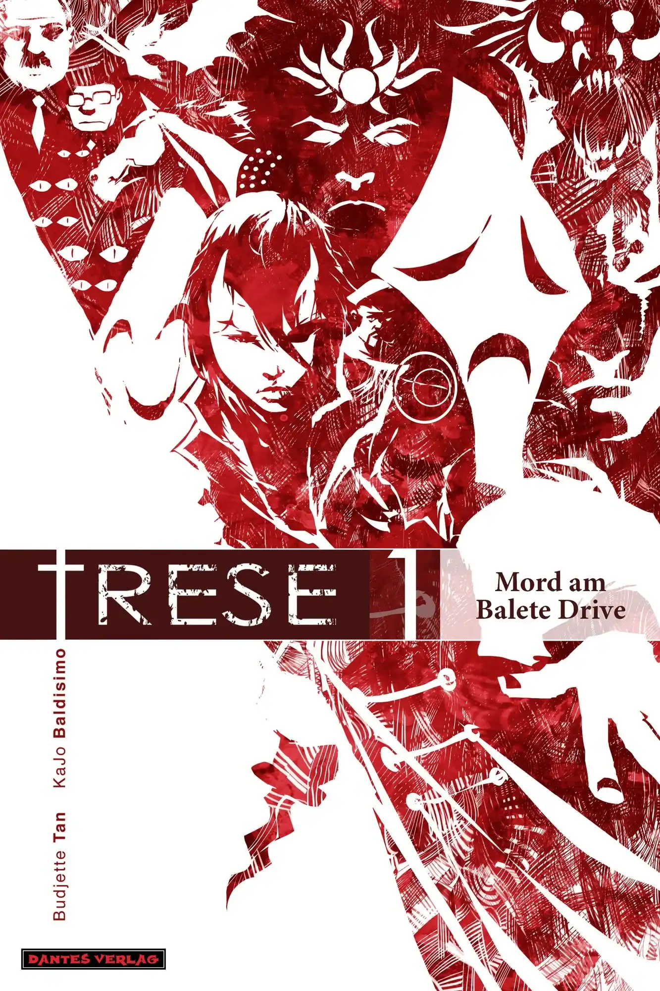 Red and white graphic novel cover featuring stylized faces and figures, with the title "Trese 1: Mord am Balete Drive" and author names Budjette Tan and Kajo Baldisimo.