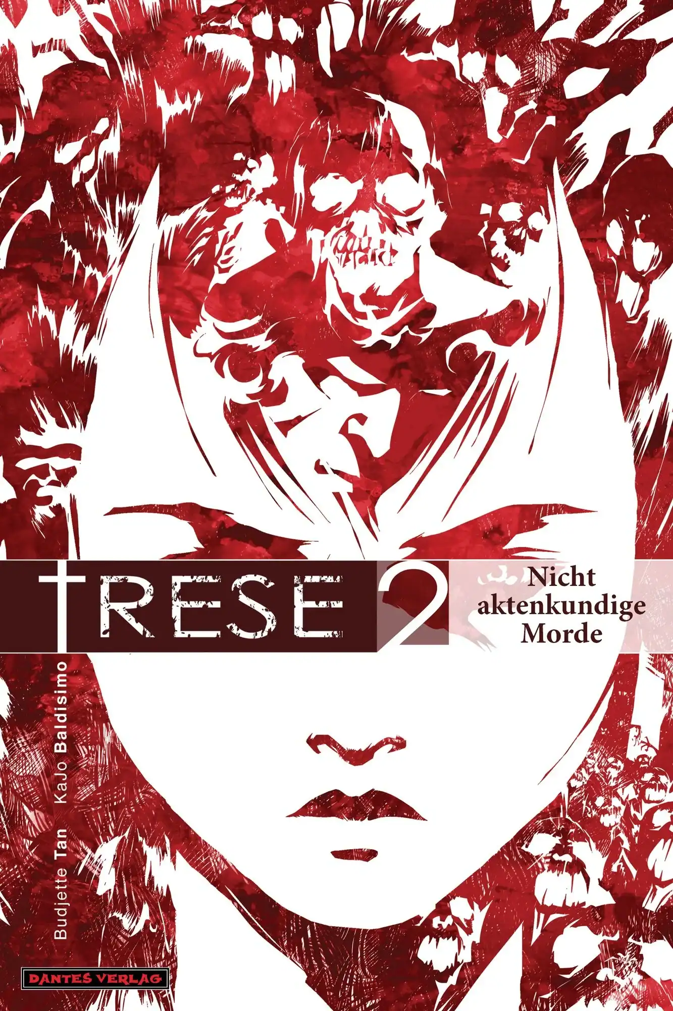 Book cover of "Trese 2: Nicht aktenkundige Morde" featuring a stylized illustration of a woman's face with ghostly figures and skulls in red and white tones.