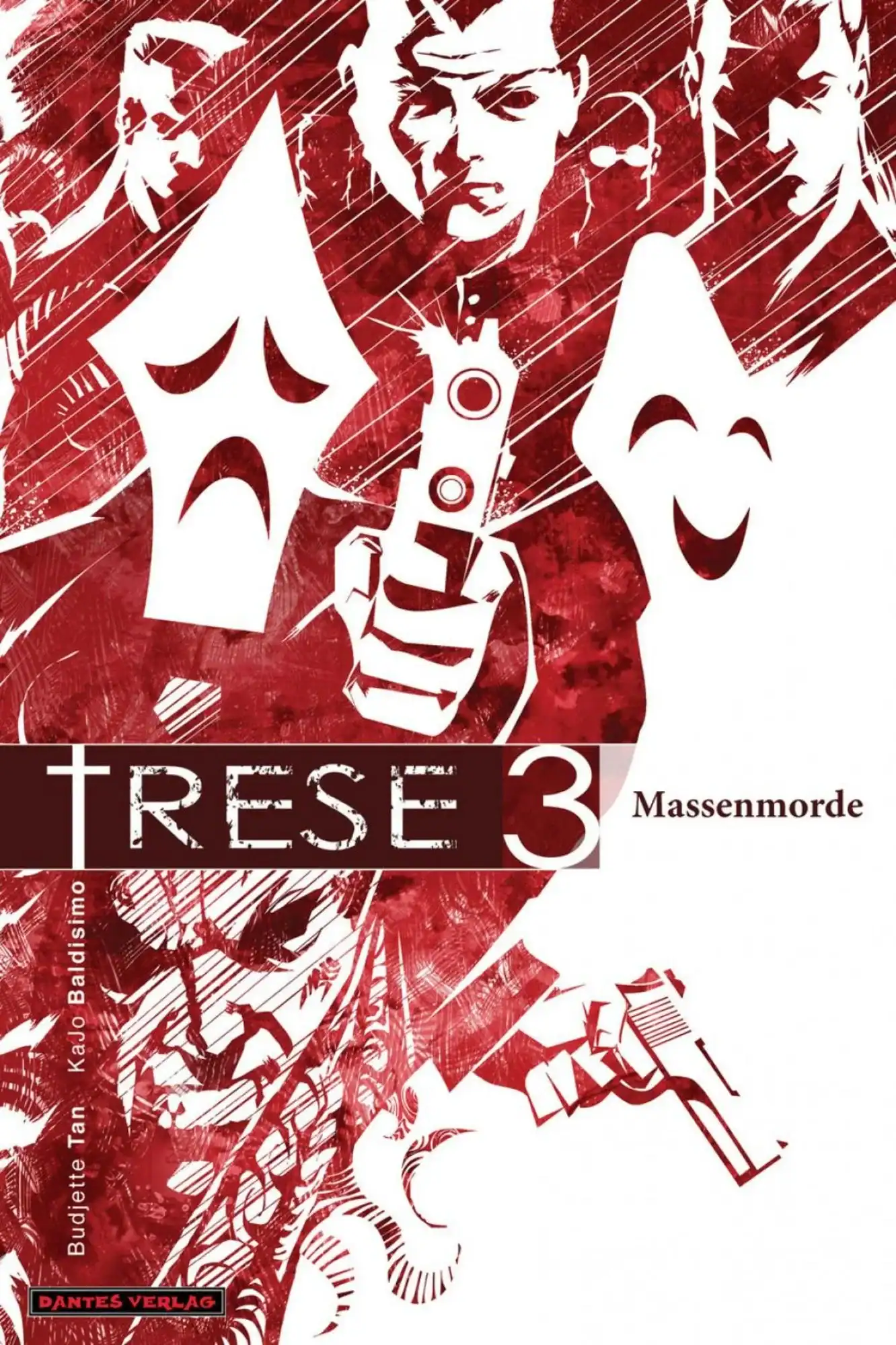 Comic book cover with stylized red and white art depicting masked faces, people holding guns, and the title "Trese 3: Massenmorde" prominently displayed.