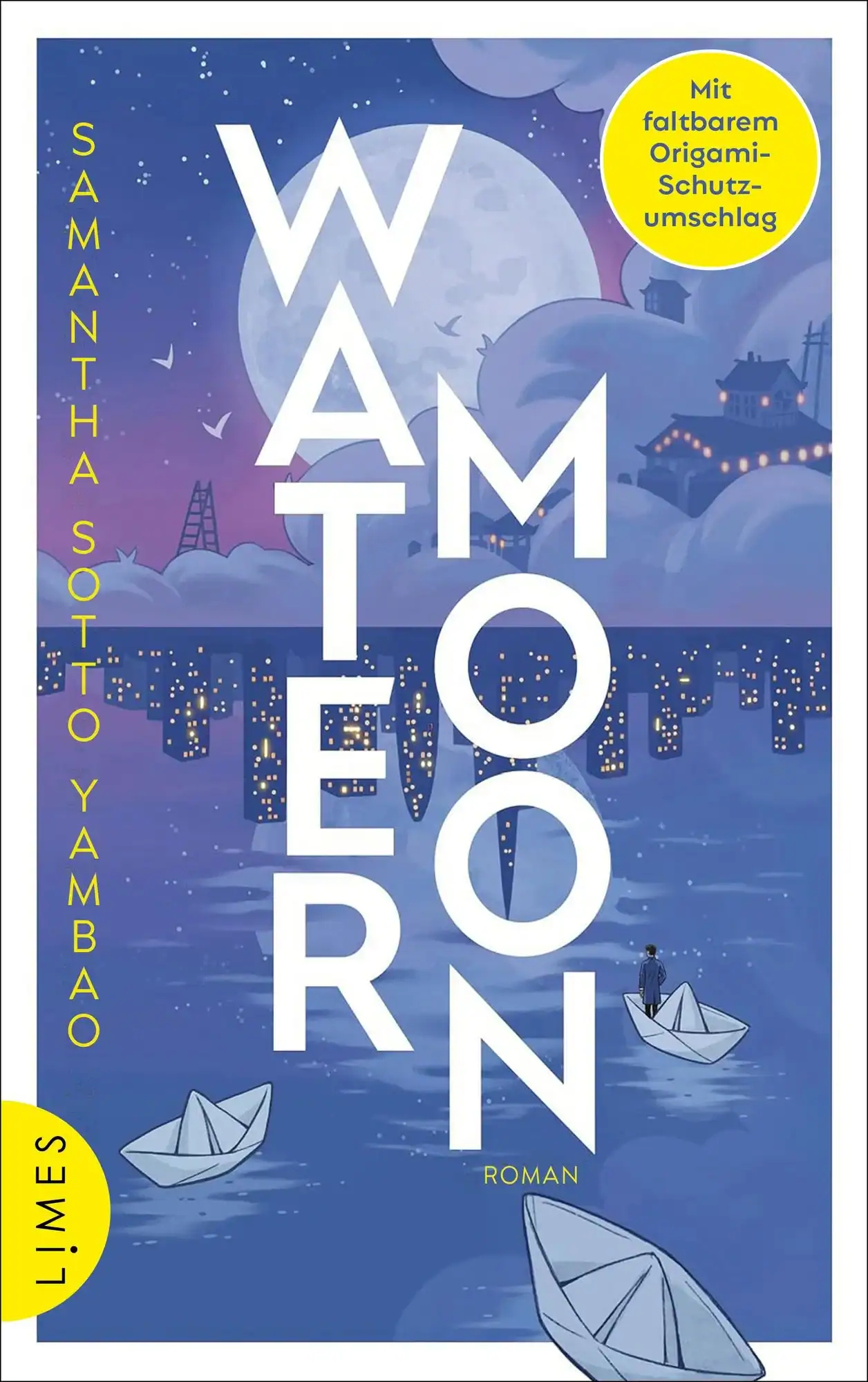 Illustrated book cover for "Water Moon" by Samantha Sotto Yambao featuring paper boats on water and a nighttime cityscape in the background.